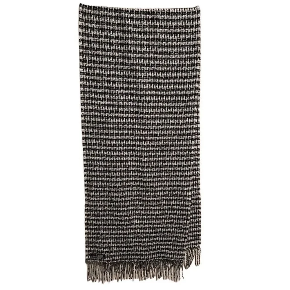 Cashmink- Unisex Black and White Houndstooth Scarf with Fringe Detail, OS